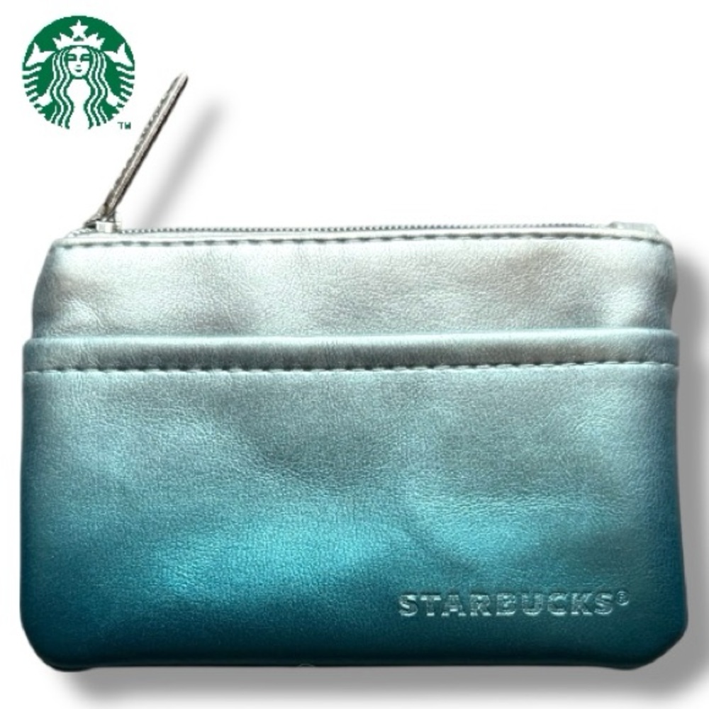Starbucks Metallic Silver Teal Ombre Zipper Coin Purse Card Holder Keychain